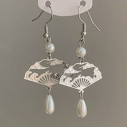 Mythstone Copper Fan Auspicious Clouds Pearl Healing Drop Earrings