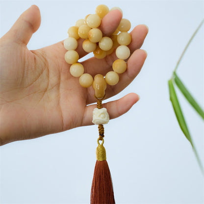 Mythstone Natural Bodhi Seed Ivory Fruit Dancing Lion Charm Harmony Tassel Wrist Mala