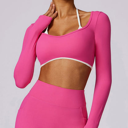 Mythstone Solid Color Halter Neck Bra Long Sleeve Crop Tank Top Pants Sports Fitness Gym Yoga Outfits