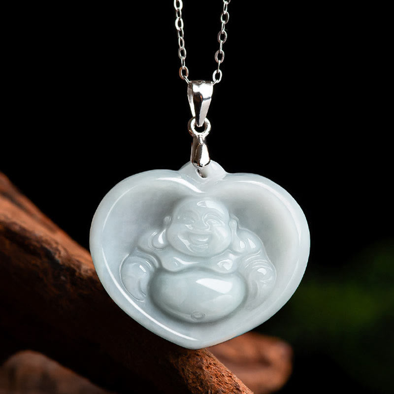 Mythstone 925 Sterling Silver Laughing Buddha White Jade Luck Blessing Necklace Pendant