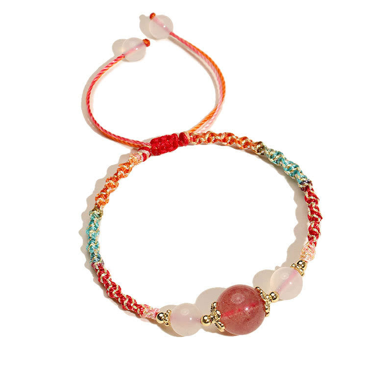 Mythstone Strawberry Quartz Pink Crystal Prehnite White Agate Bead Healing Rope Bracelet