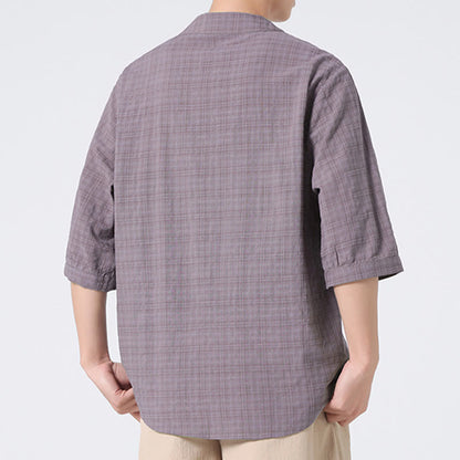 Mythstone Frog-Button Plaid Pattern Chinese Tang Suit Half Sleeve Shirt Cotton Linen Men Clothing