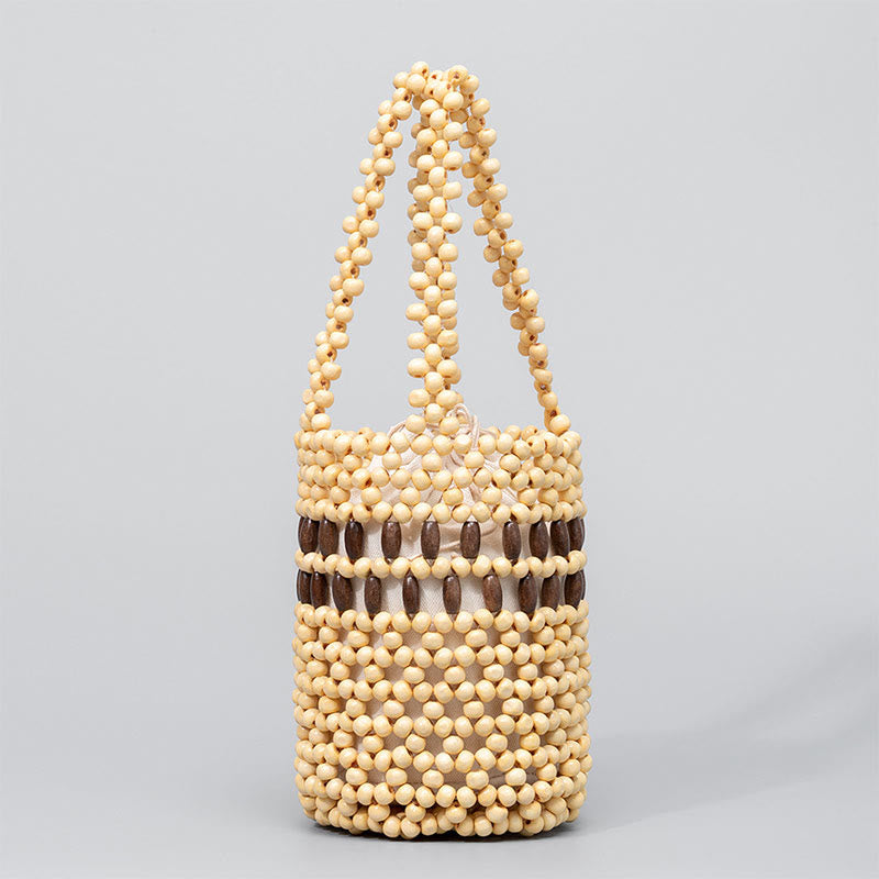 Mythstone Hand-woven Bucket Portable Wooden Beads Handbag