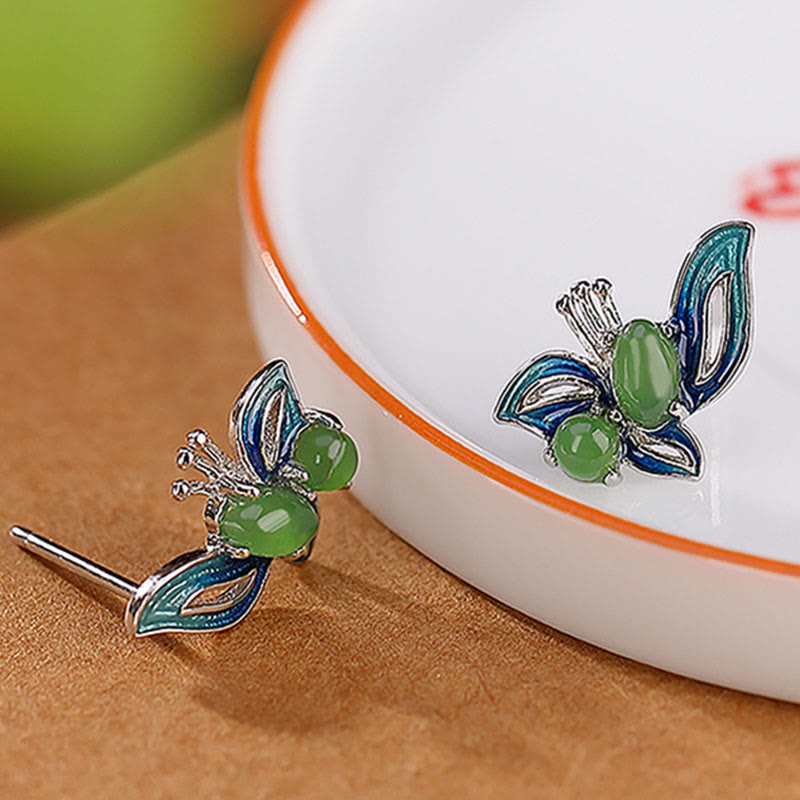 Mythstone 925 Sterling Silver Plated Gold Natural Cyan Jade Butterfly Luck Healing Earrings