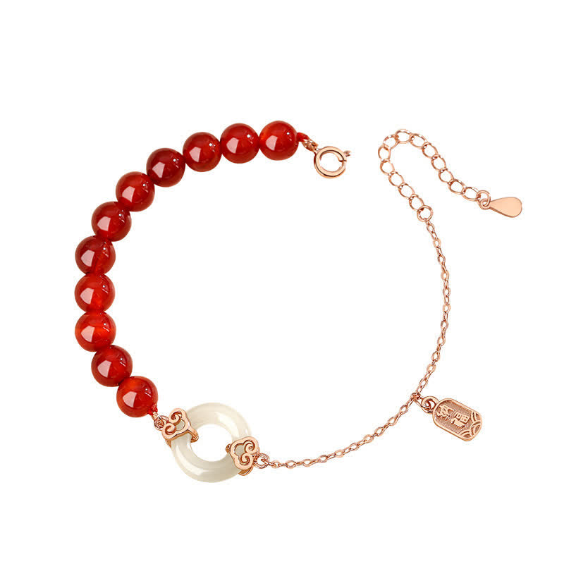 Mythstone 925 Sterling Silver Natural Red Agate White Jade Peace Buckle Confidence Bracelet