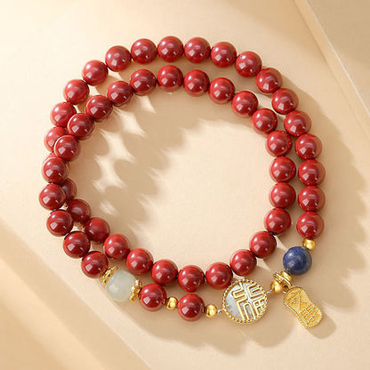 Mythstone 925 Sterling Silver Cinnabar Tridacna Stone Fu Character Double Wrap Blessing Bracelet