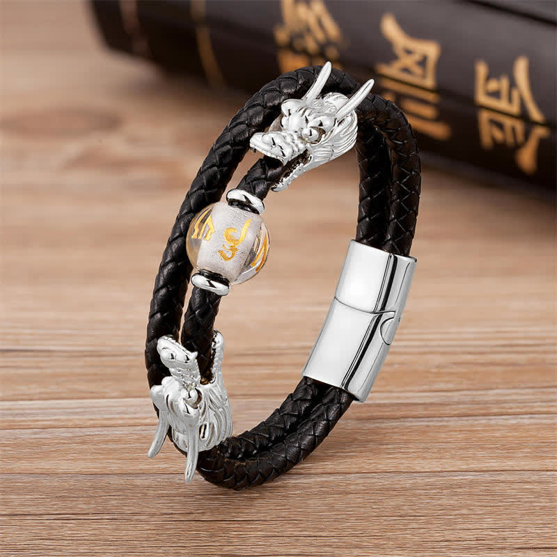 Mythstone Double Dragon Head Leather Stone Titanium Steel Success Bracelet