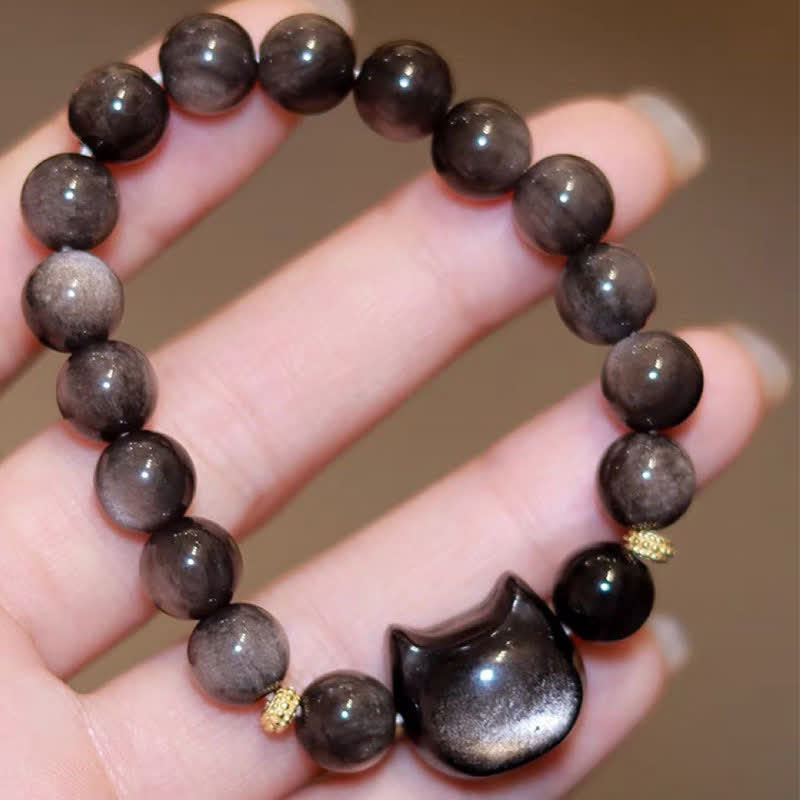 Mythstone Gold Sheen Obsidian Silver Sheen Obsidian Lovely Paw Lucky Cat Protection Bracelet