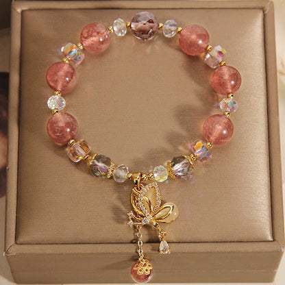 Mythstone Natural Strawberry Quartz Healing Positive Butterfly Charm Bracelet