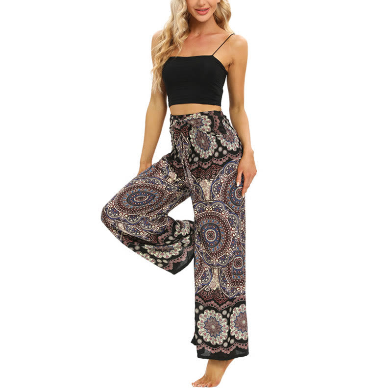 Mythstone Boho Mandala Print Lace-up Wide Leg Pants Women's Yoga Pants