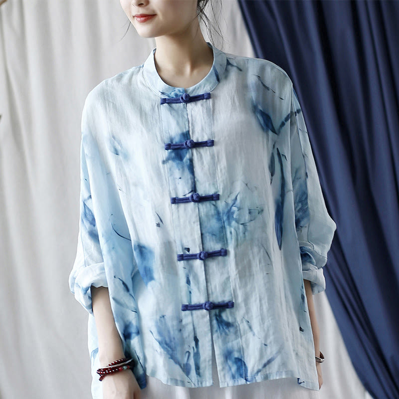 Mythstone Tie Dye Blue Flowers Frog-Button Design Long Sleeve Ramie Linen Jacket Shirt