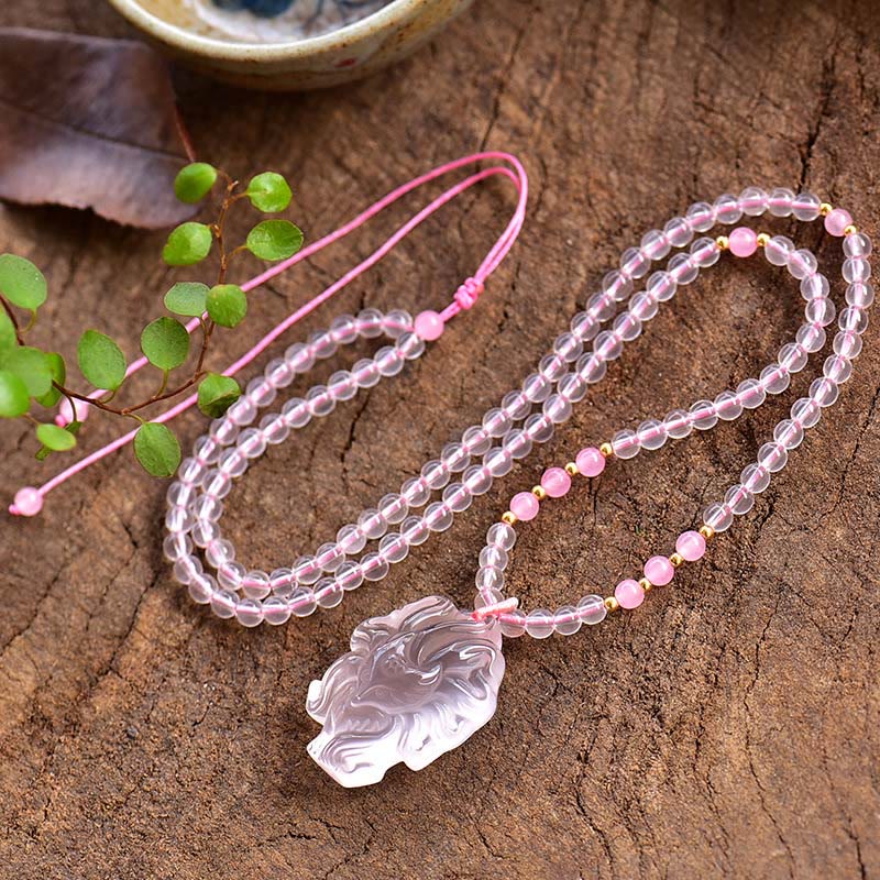 Mythstone Natural Pink Crystal Nine Tailed Fox Love Necklace Pendant