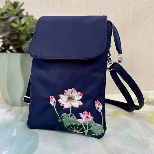 Mythstone Waterproof Handmade Embroidered Lotus Flowers Crossbody Bag Shoulder Bag Cellphone Bag