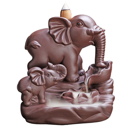 Mythstone Tibetan Elephant Purple Clay Backflow Smoke Fountain Protection Incense Burner Decoration