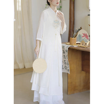 Mythstone Embroidery Chiffon Cheongsam Midi Dress Wide Leg Pants Meditation Zen Practice Clothing