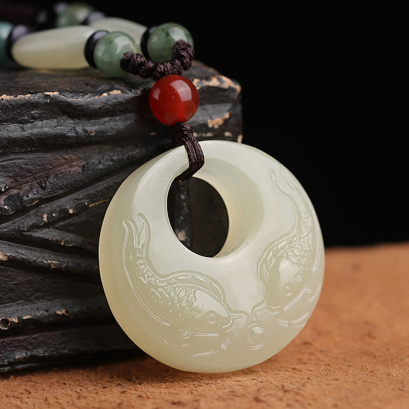 Mythstone White Jade Double Koi Fish Carved Prosperity Success Necklace Pendant