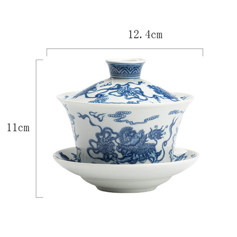 Mythstone Blue And White Porcelain Lotus Koi Fish Lion Dance Watermelon Ceramic Gaiwan Sancai Teacup Kung Fu Tea Cup And Saucer With Lid 300ml