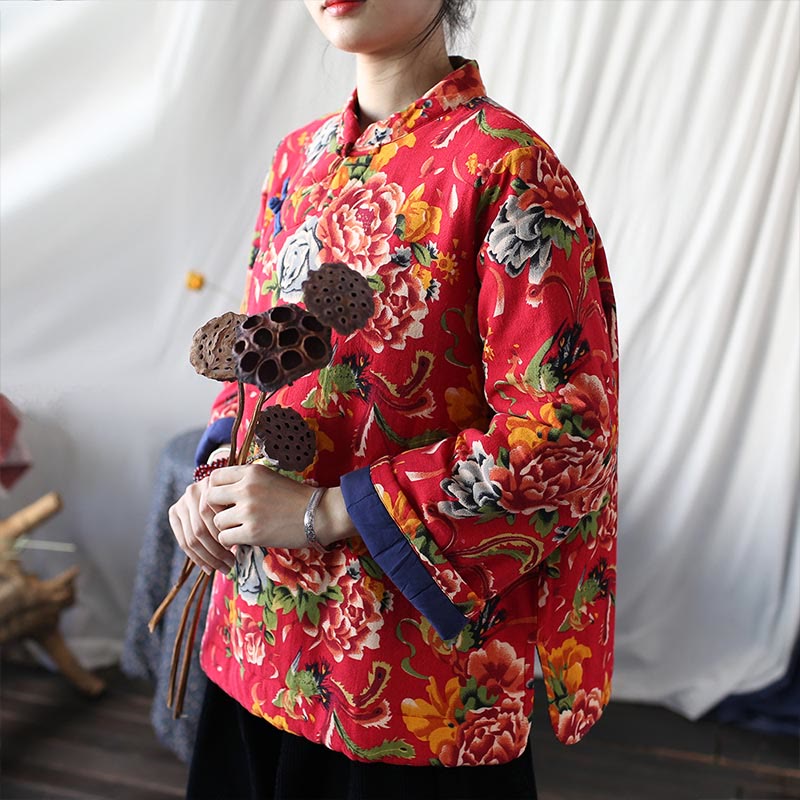 Mythstone Flowers Cotton Linen Jacket Shirt Chinese Northeast Style Winter Clothing