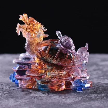 Mythstone Feng Shui Dragon Turtle Coins Handmade Liuli Crystal Luck Art Piece Home Office Decoration