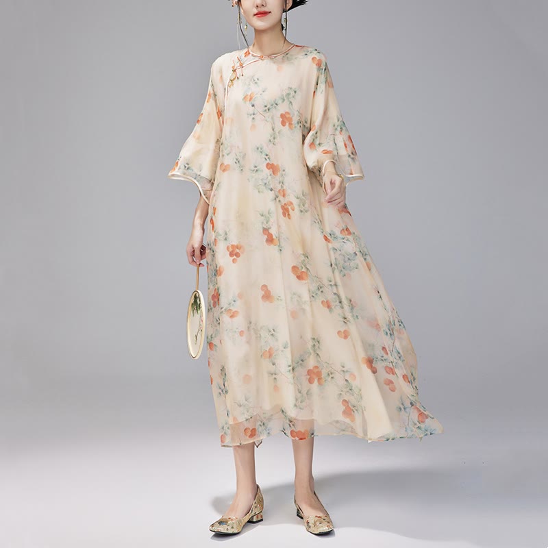 Mythstones 100% Mulberry Silk 6 Momme Dress Vintage Loose Lychee Fruit Tree Patttern Qipao Dress Women's Cheongsam Dress