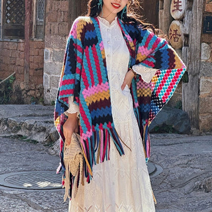 Mythstone Tibetan Shawl Candy Color Braided Pattern Winter Cozy Travel Knitted Tassel Scarf Wrap