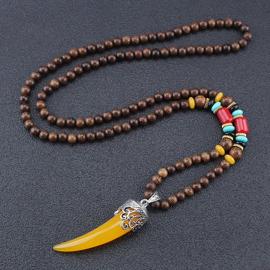 Mythstone Wenge Wood Turquoise Stone Horn Style Protection Meditation Necklace Pendant