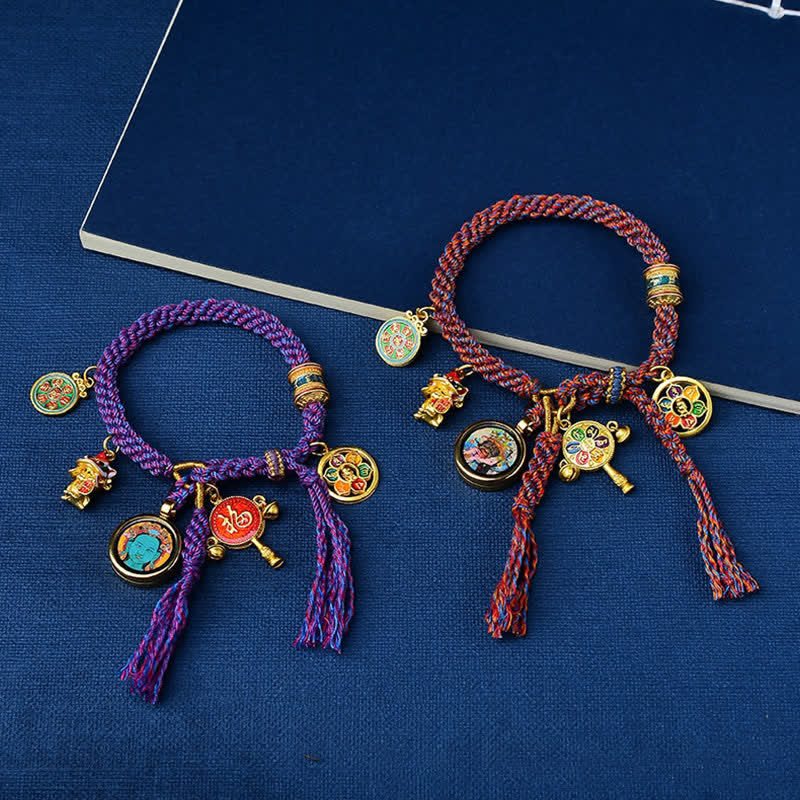 Pulsera trenzada de hilo de la suerte Thangka de la diosa de la riqueza Zakiram de Tara verde tibetana Mythstone 