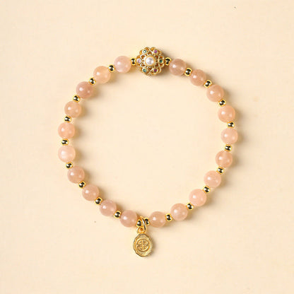 Pulsera con dijes positivos de carácter Fu y cuarzo fresa natural bañado en oro de 14 quilates de Mythstone con labradorita y piedra solar 