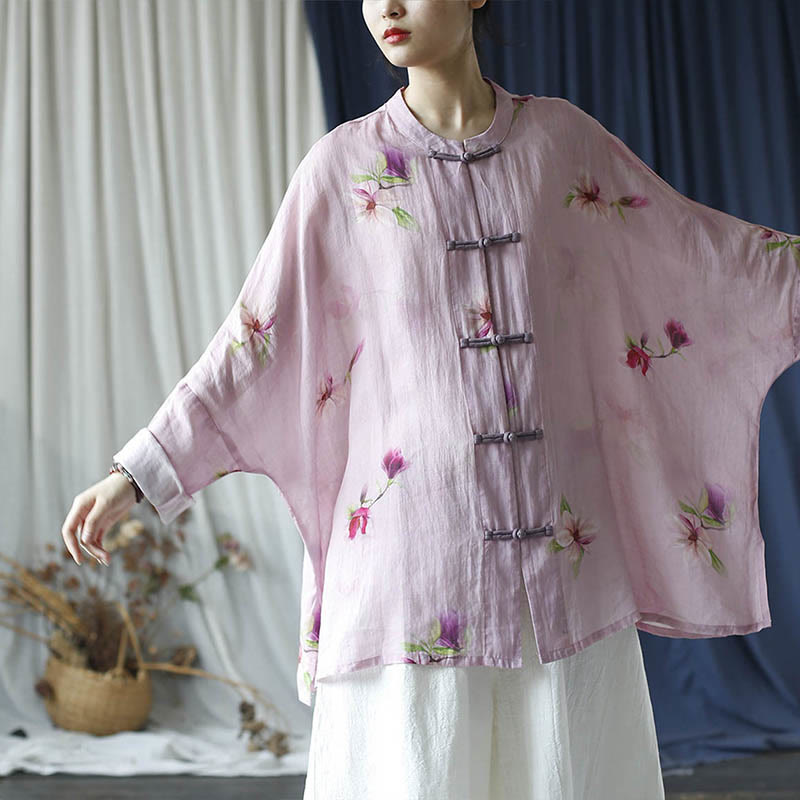 Mythstone Pink Flower Print Frog-button Design Batwing Long Sleeve Ramie Linen Jacket Shirt