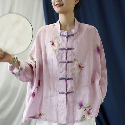 Mythstone Pink Flower Print Frog-button Design Batwing Long Sleeve Ramie Linen Jacket Shirt