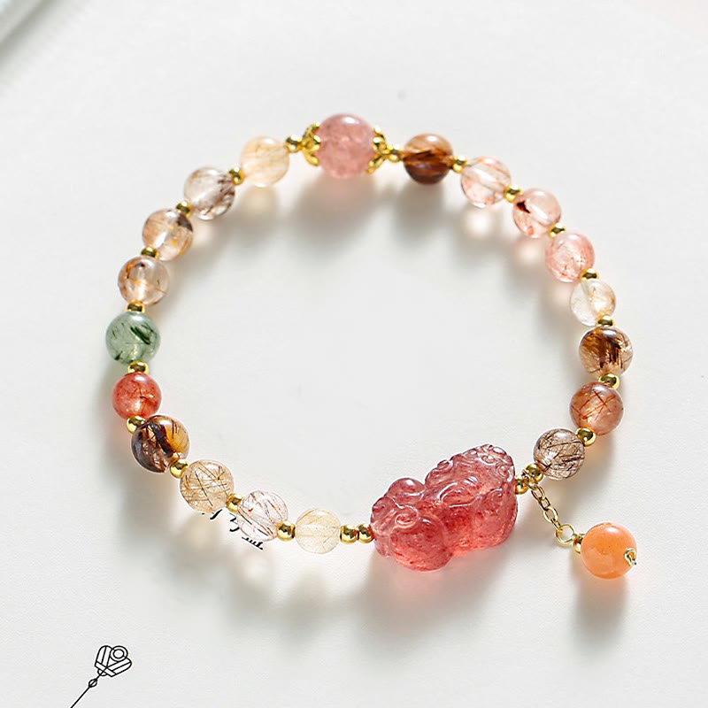 Mythstone Natural Rutilated Quartz Strawberry Quartz PiXiu Wealth Bracelet