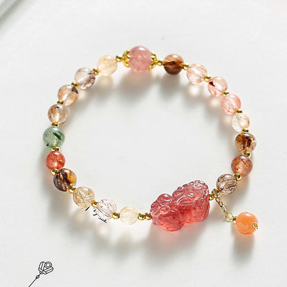 Mythstone Natural Rutilated Quartz Strawberry Quartz PiXiu Wealth Bracelet