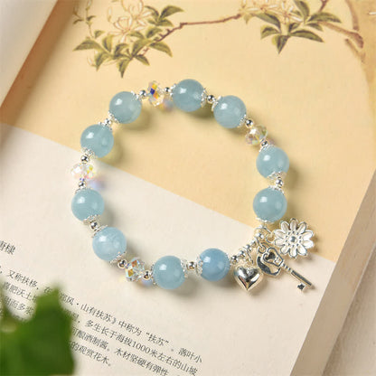 Mythstone 925 Sterling Silver Natural Aquamarine Serenity Flower Love Key Charm Bracelet