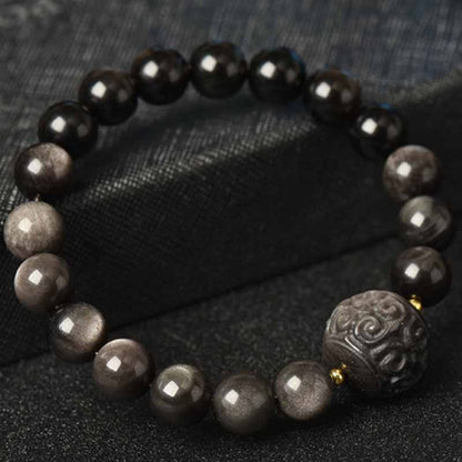 Mythstone Silver Sheen Obsidian Lotus Flower Nine Tailed Fox Laughing Buddha Protection Bracelet