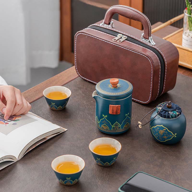 Mythstone Flower Chinese Gongfu Ceramic Teapot Portable Outdoor Travel Tea Set Bag