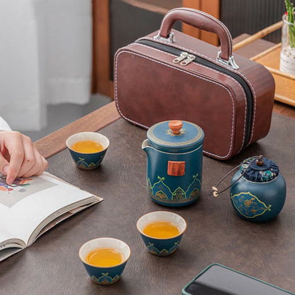 Mythstone Flower Chinese Gongfu Ceramic Teapot Portable Outdoor Travel Tea Set Bag