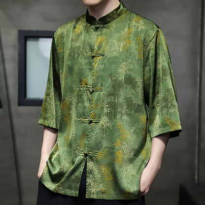 Mythstone Bamboo Leaves Pattern Chinese Half Sleeve Shirt Men T-shirt