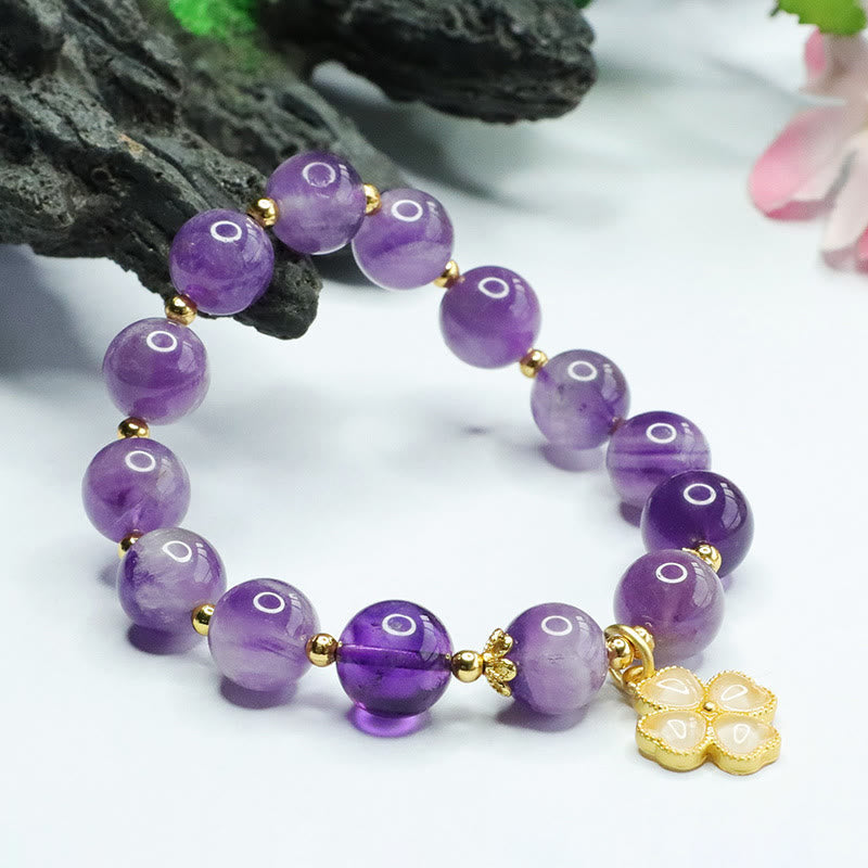 Mythstone Natural Amethyst Crystal Inner Peace Four Leaf Clover Charm Bracelet