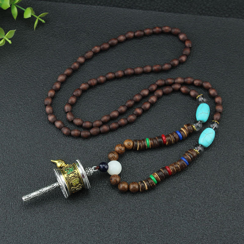 Collar con colgante de madera Vajra con rueda de oración tibetana Om Mani Padme Hum de Mythstone