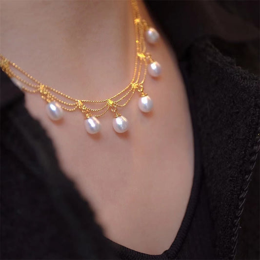 Mythstone Vintage 14K Gold Plated Pearl Bead Healing Multilayer Necklace Pendant