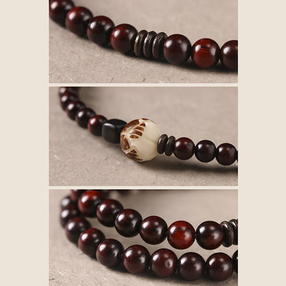 Mythstone Small Leaf Red Sandalwood Lotus Bodhi Seed Carved Protection Double Wrap Bracelet