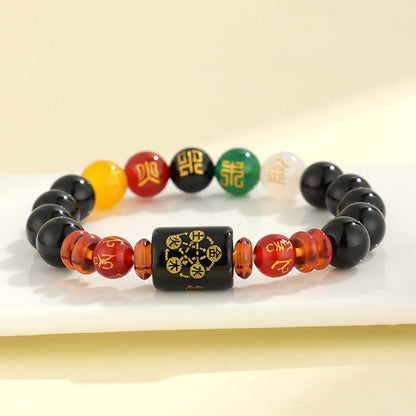 Pulsera de la sabiduría y la riqueza con ágata roja y ónix negro de cinco elementos Mythstone