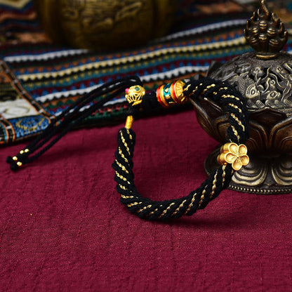 Pulsera de hilo tejido con amuleto Thangka de los cinco dioses de la riqueza y la suerte hecha a mano con forma de rueda de oración y flores de Mythstone Tibet