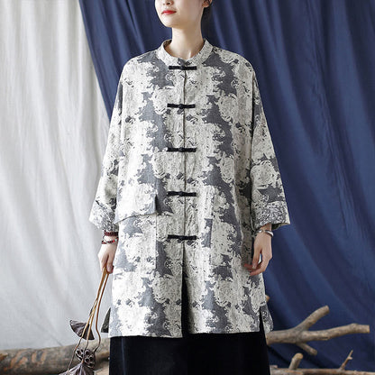 Mythstone Black Gray Beige Print Frog-button Design Long Sleeve Cotton Linen Jacket Shirt With Pockets