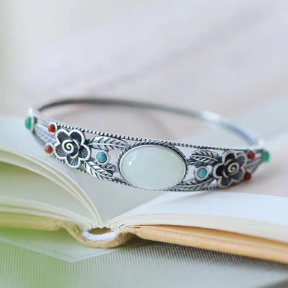 Mythstone Cyan Jade White Jade Flower Leaf Harmony Luck Bracelet Bangle