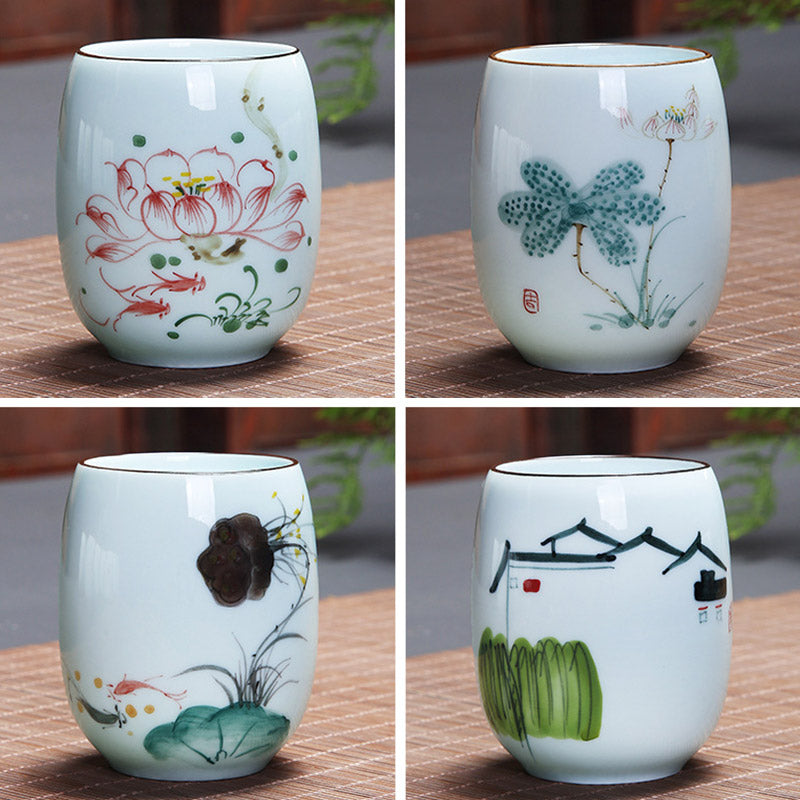 Mythstone Koi Fish Lotus Landscape Dandelion Peony Flower Ceramic Teacup Kung Fu Tea Cup