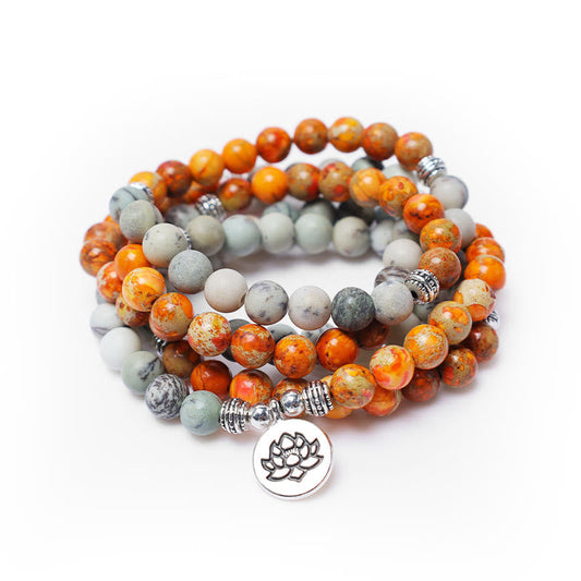 MythStone 108 Mala Beads Natural Stone Sea Sediment Jasper Lotus Protection Bracelet