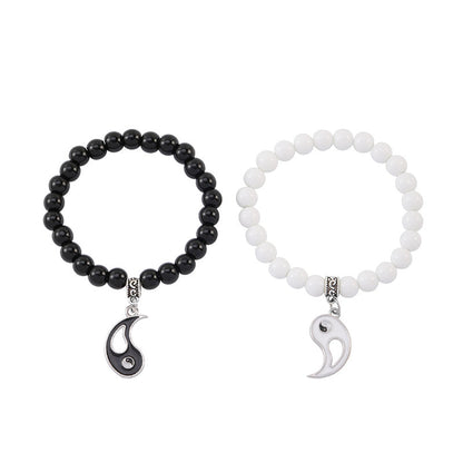 Pulsera de pareja con protección Yin Yang y cuentas de turquesa blanca y ónix negro de MythStone, 2 piezas 