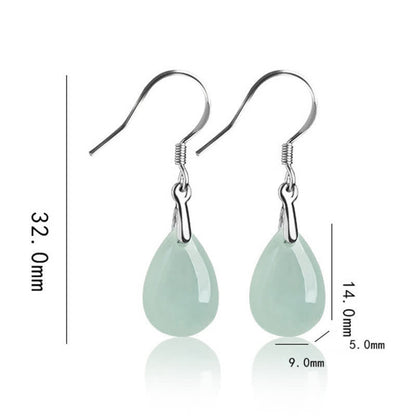 Mythstone 925 Sterling Silver Jade Water Drop Pattern Luck Prosperity Dangle Earrings