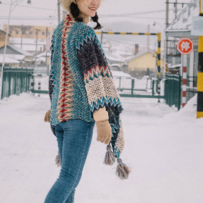 Chal tibetano Mythstone con estampado ondulado azul, beige y rojo, bufanda cálida con borlas para el invierno